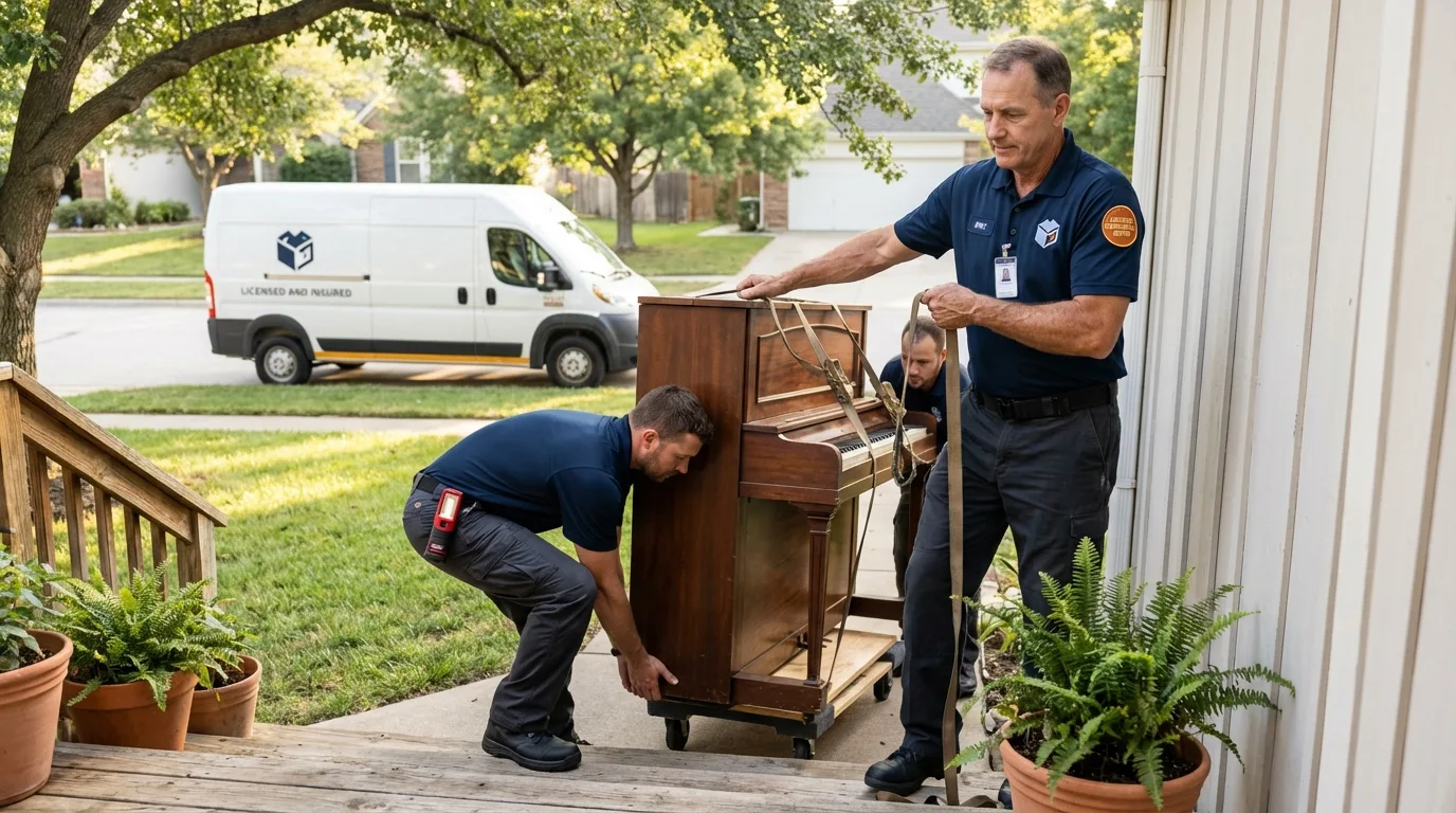 Licensed piano movers securing grand piano in Kokomo, IN