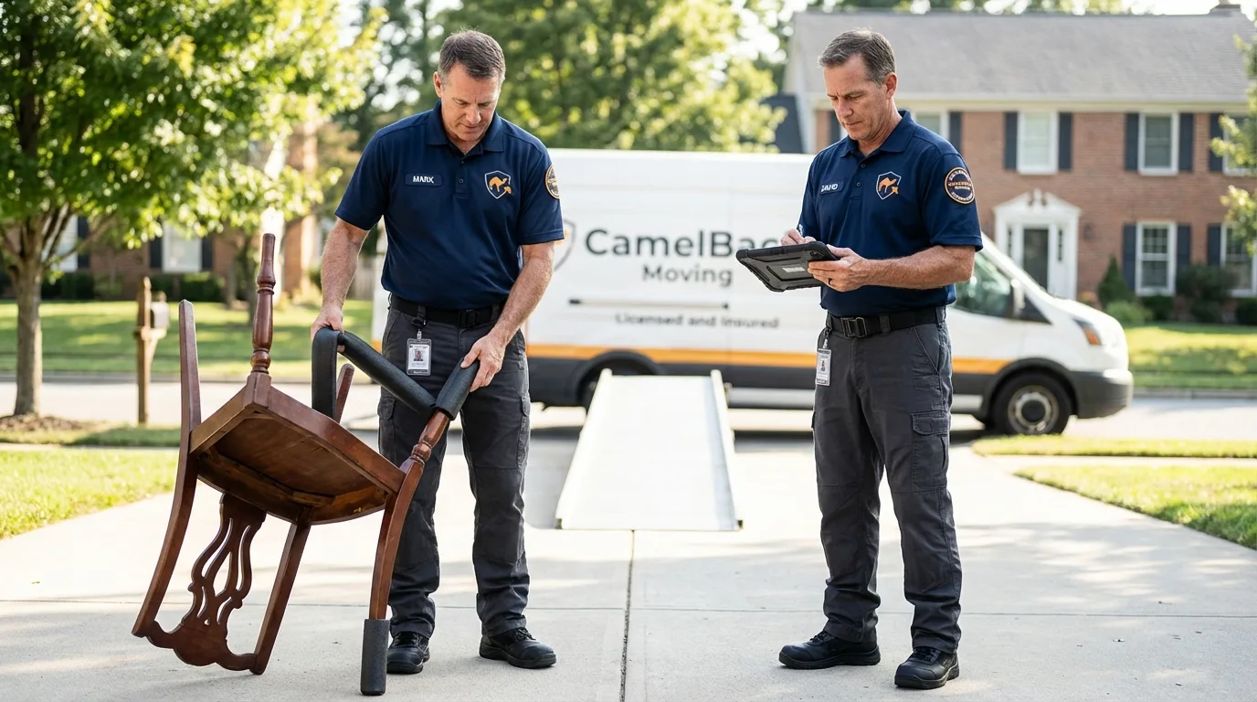 Movers inspecting furniture for damage prevention before loading in Kokomo, IN