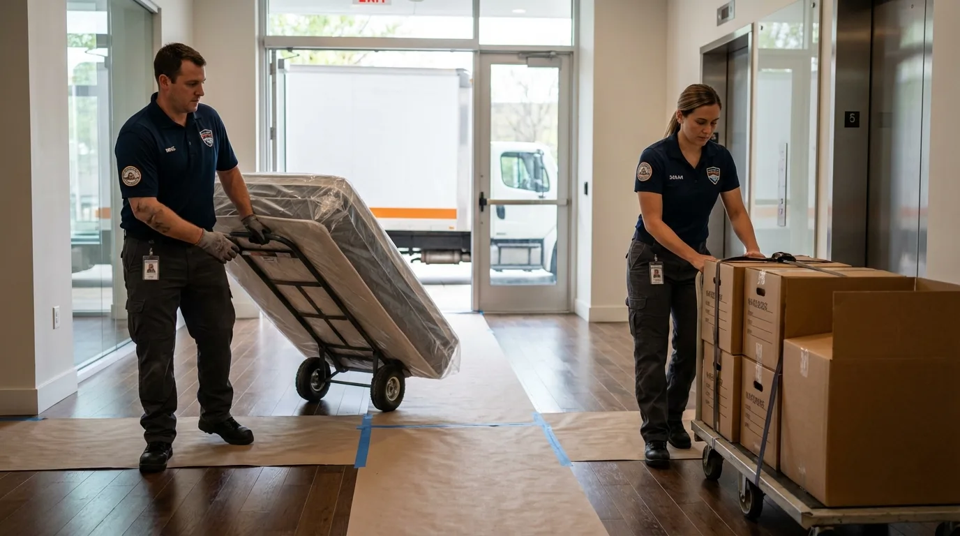 Professional apartment movers loading elevator in Kokomo, IN